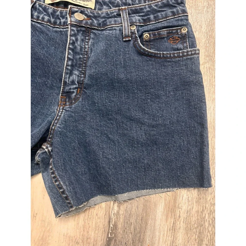 Harley-Davidson Y2K Biker Cut Off Denim Shorts Dark Wash Raw Hem Size 10